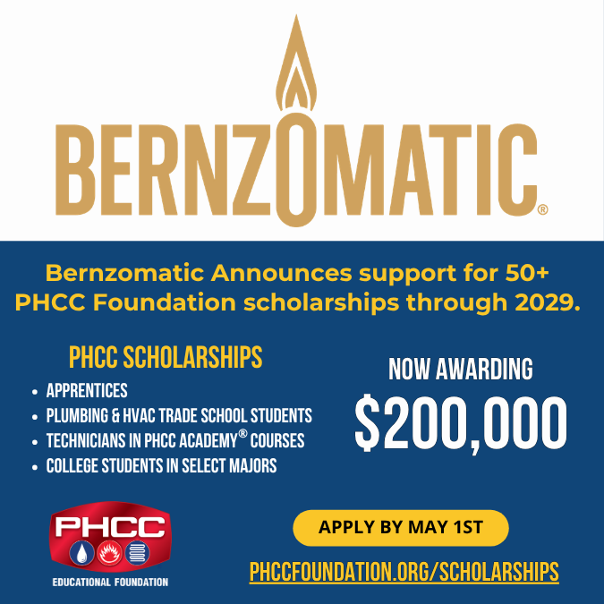 Bernzomatic logo and PHCC Foundation Scholarship info