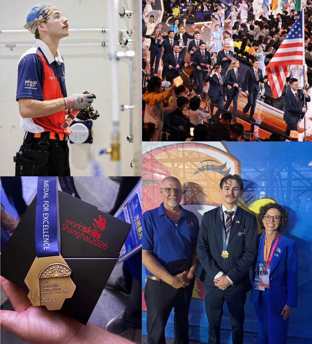 Collage of photos of Charlie Goede and his medal from WorldSkills